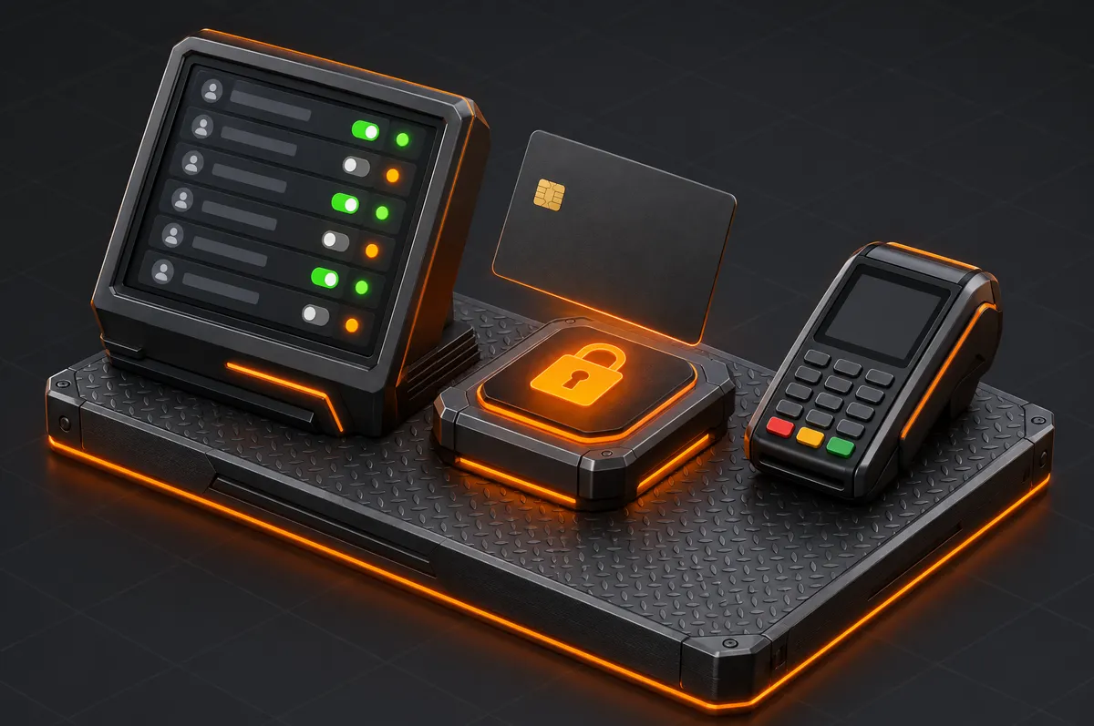 Approval console with on and off toggles, a blank chip card over a padlock, and a card payment terminal